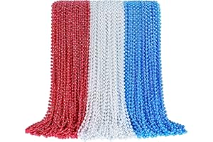 SHAOQINLIN 144 PCS Patriotic Bead Necklaces, 33 Inch 7 mm Metallic Red/Silver/Blue Beaded Necklaces 4th of July Round Beads Necklace Bulk for Patriotic Day, Christmas, Party Favor, Carnival