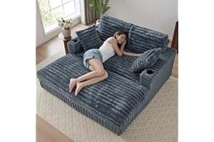 RARZOE 64'' Oversized Chaise Lounge Chair Indoor, Plush Faux Rabbit Fur Sleeper Sofa Bed with 4 Pillows, Charging Station & Cup Holders, Fluffy Comfy Cloud Couch Loveseat Sofa for Living Room,Grey