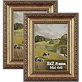 Splinterix 5x7 Gold Picture Frame, 2 Pack Ornate Vintage Picture Frames for Wall or Tabletop Display, 5x7 Photo Frame Gold with Real Glass, Display Poster 4x6 with Mat or 5x7 without Mat for Antique Déco