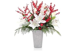 Stargazer Barn - Winter Splendor Bouquet with Vase - Fragrant White Lilies With Christmas Berries and Holiday Greens - Farm Fresh, California Grown