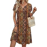 Zeagoo Women's Casual Dresses with Pockets Summer Floral V-Neck A-Line Tshirt Dress Short Sleeve Mini Dress Beach Sundress