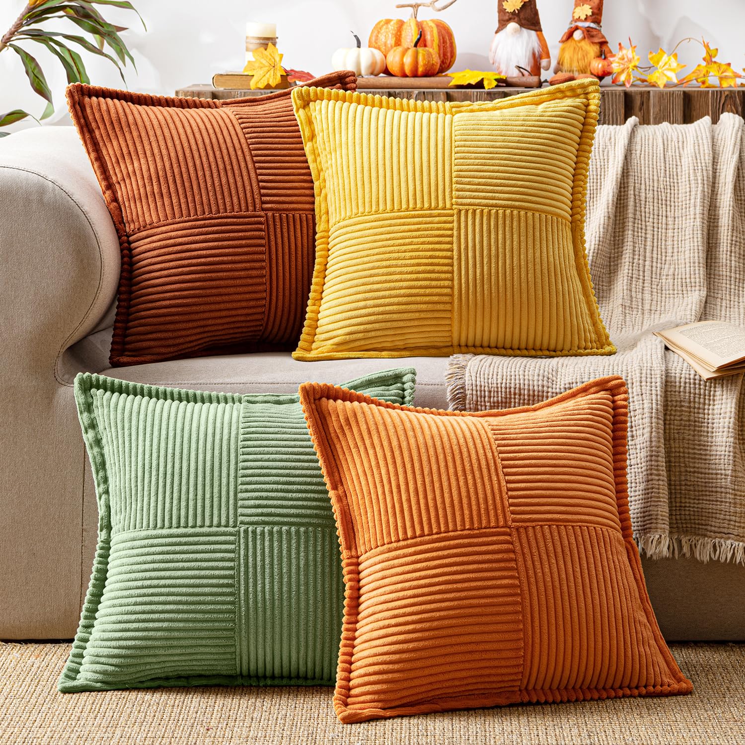 MIULEE Corduroy Cushion Covers Pack of 4 Decorative Modern Patchwork Throw Pillow Covers Soft Pillowcase Cushions for Home Spring decor Sofa Couch with Invisible Zipper 20X20 Inch Green Orange Series