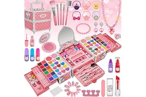 KUOVEI 99 Pcs Kids Makeup Kit for Girls, Princess Toys Real Washable Cosmetics Set with Mirror, Hair Ties, Nails, Rings, Earrings, Necklace, Perfect for 3 4 5 6 7 8 Year Old Girls Birthday