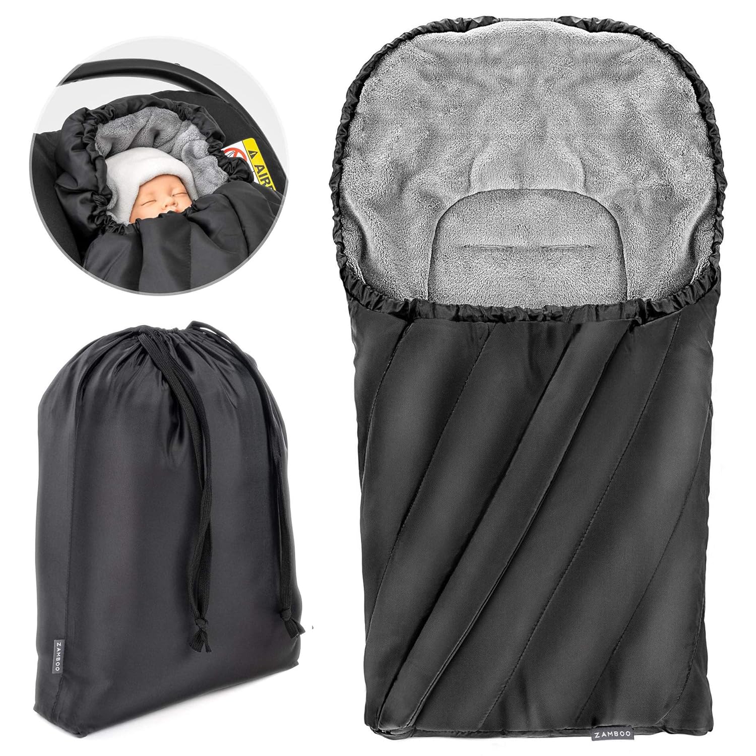 Zamboo Fußsack Deluxe für Babyschale (passend für Maxi-Cosi, Cybex, Kiddy) - Baby Winter-Fußsack aus weichem Thermo Fleece mit Gurtschlitzen, Kapuze und Tasche - Schwarz Grau