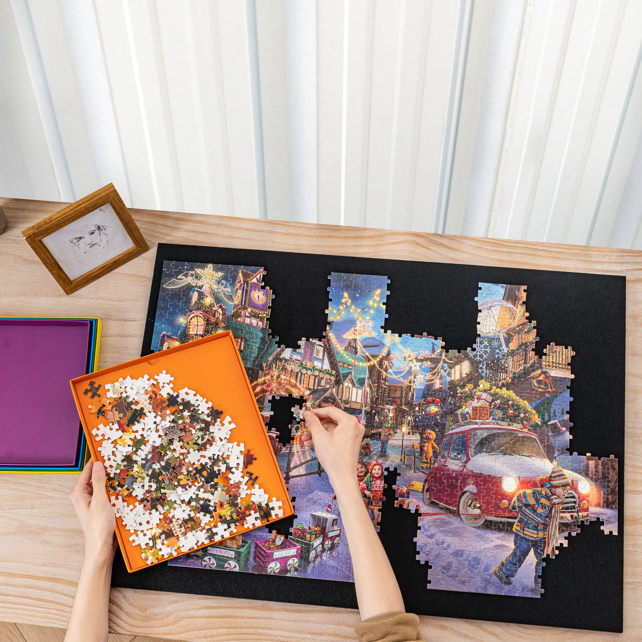 Tektalk Foldable Jigsaw Puzzle Board with 3 Angle Adjustable Bracket/Stand, Lightweight Portable Puzzle Mat Plateau with Wooden Easel, Foldaway Felt Puzzle Table, for Up to 1000 Pieces - Black