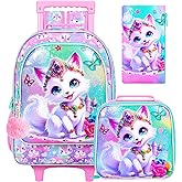 ZLYERT 3Pcs Rolling Backpack for Girls, Fox Kids School Backpacks with Wheels, Roller Bookbag with Lunch Box for Elementary Preschool(White)