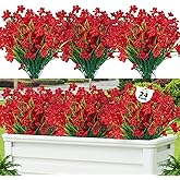 Lnoicy 24 Pcs Artificial Flowers for Outdoor,Plastic Flowers Decoration, UV Resistant Faux Flowers Shrubs, Artificial Plants for Indoor Outside Garden Home Wedding Farmhouse(Red)