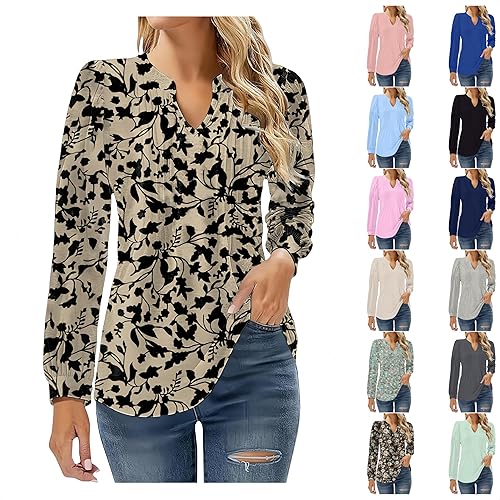 Women's Long Sleeve Tops, Casual V-Neck Blouse with Elegant Floral Print for Autumn, Loose Fit Pullover Tunic Shirt for Ladies Daily Wear