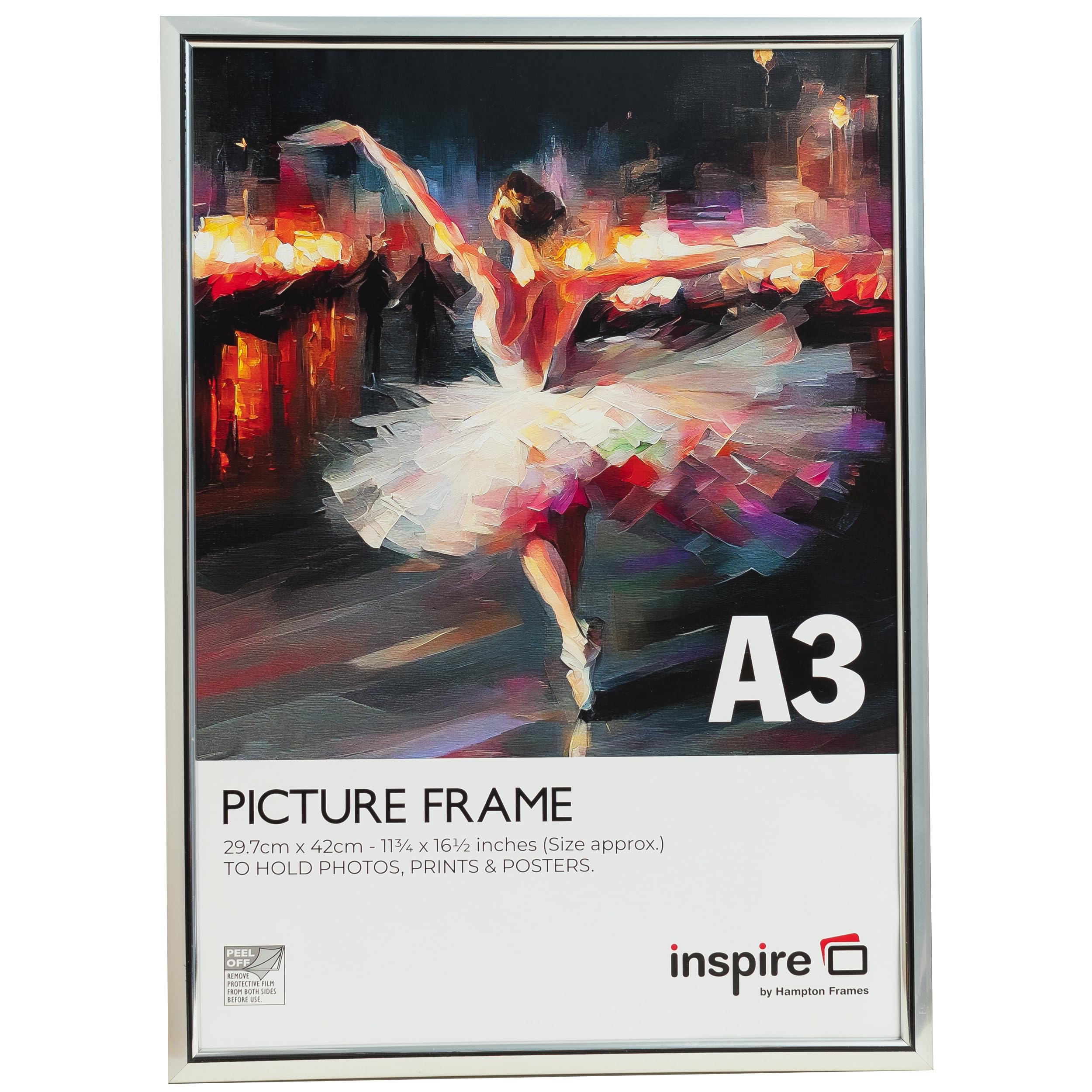 inspire by Hampton Frames | Picture Poster Frame | A3 (30x42cm), Silver, Plastic, Foil Wrapped | Acrylic Non-Glass Front, Drop-In Back, Wall Mount | For Photographs, Certificates, Posters