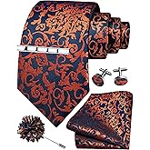 GUSLESON Tie Set for Men Necktie and Pocket Square,Tie Clip,Cufflinks, Lapel Pin Sets with Gift Box 5PCS