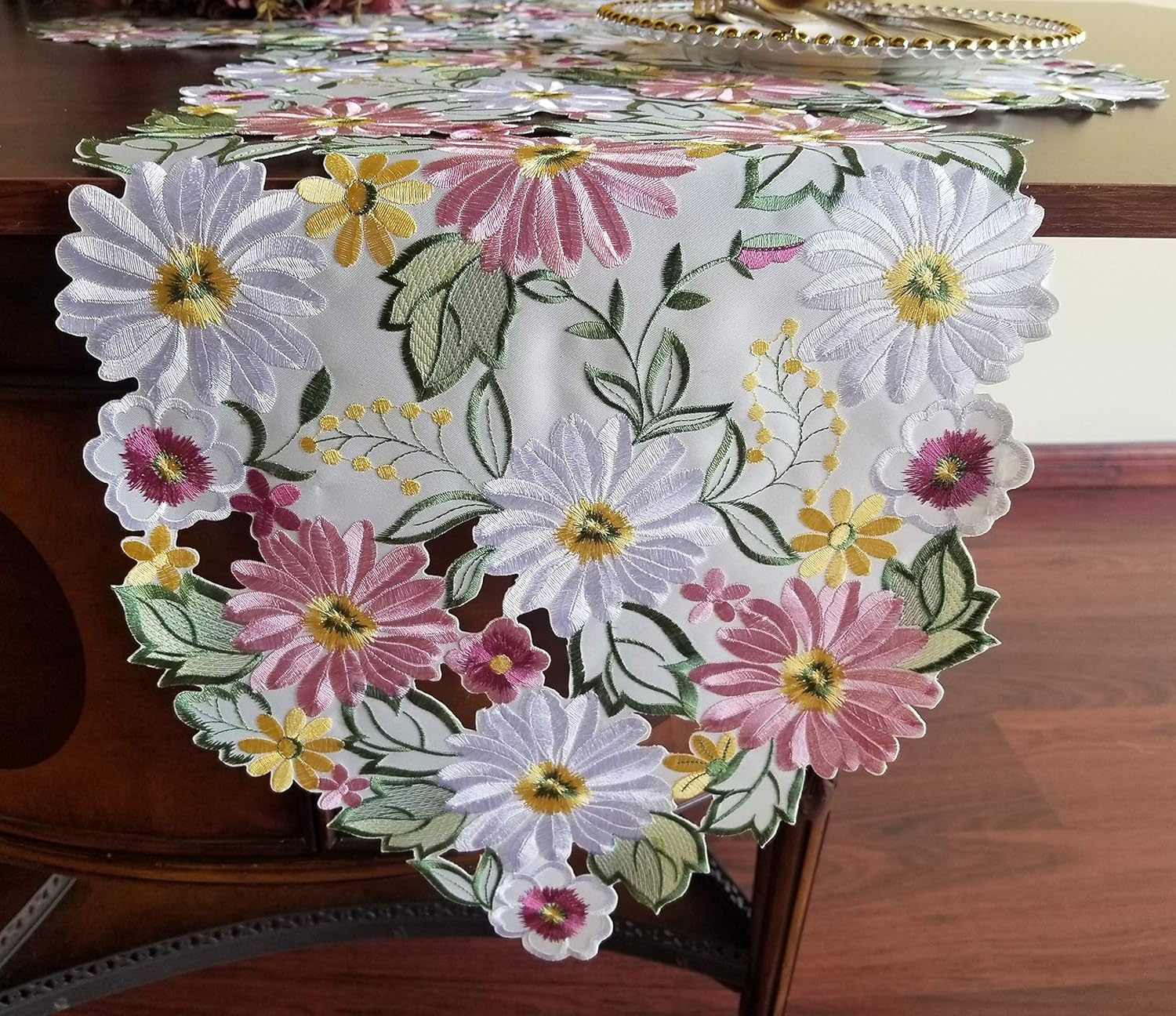 GRANDDECO Embroidered Flowery Table Runner,Applique Floral Daisy Cutwork Embroidered Table Linen, Home Kitchen Dining Tabletop Decoration, Runner 13"×68" (Runner 13"×68"（33x172cm）, Spring Color): Home & Kitchen