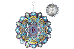 Exhart Wind Spinner, Starburst Mandala Wind Sculpture, 3D Laser Cut Patterns with Bead Details, Metal Outdoor Garden Decoration, Multicolor Lawn and Yard Art, 12 Inch