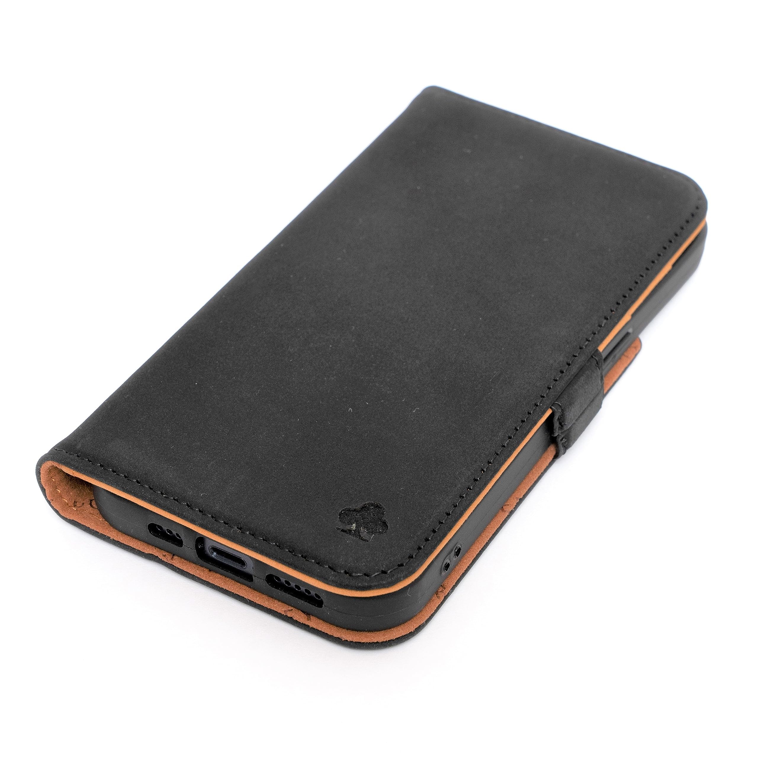 PORTER RILEY - Leather Case Compatible with iPhone 16. Premium Nubuck Genuine Leather Stand/Cover/Wallet/Flip Case with Card Slots & Horizontal Stand (Black, Tan)