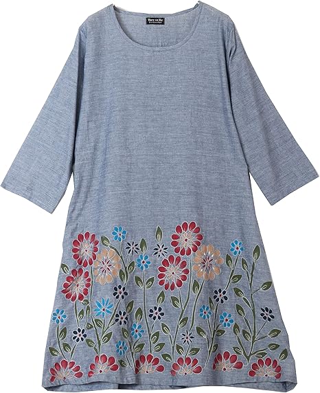 Amazon 綿麻生地 手描刺しゅう 七分袖 ワンピース 高齢者 ワンピース おばあちゃんプレゼント ワンピース チュニック 通販
