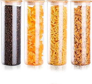 Falkenbach Vorratsgläser Set 4X Größe XL je 2,2 Liter Vorratsdosen aus Glas mit Bambusdeckel Vorratsbehälter aus Glas rund mit Deckel aus Holz, Spaghetti Glas luftdicht (Bambus, 4X Größe XL)