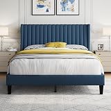 Yaheetech Queen Bed Frame Upholstered Platform Bed with Fabric Headboard, Wing Edge Design/Non-Slip and Noise-Free/Wooden Slats Support/No Box Spring Needed/Easy Assembly, Navy Blue Queen Bed