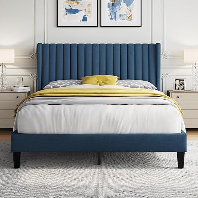 Yaheetech Queen Bed Frame Upholstered Platform Bed with Fabric Headboard, Wing Edge Design/Non-Slip and Noise-Free/Wooden Slats Support/No Box Spring Needed/Easy Assembly, Navy Blue Queen Bed