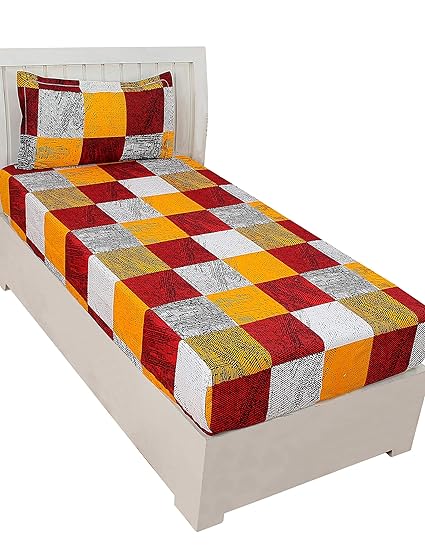 BSB Trendz Aura 3D Print Microfiber Wrinkle, Fade Resistant, Easy Elastic Fitting Single Size Soft 1-Piece Bed Sheet Set, Fitted Sheet with 1 Pillow Cases-Maroon & Yellow