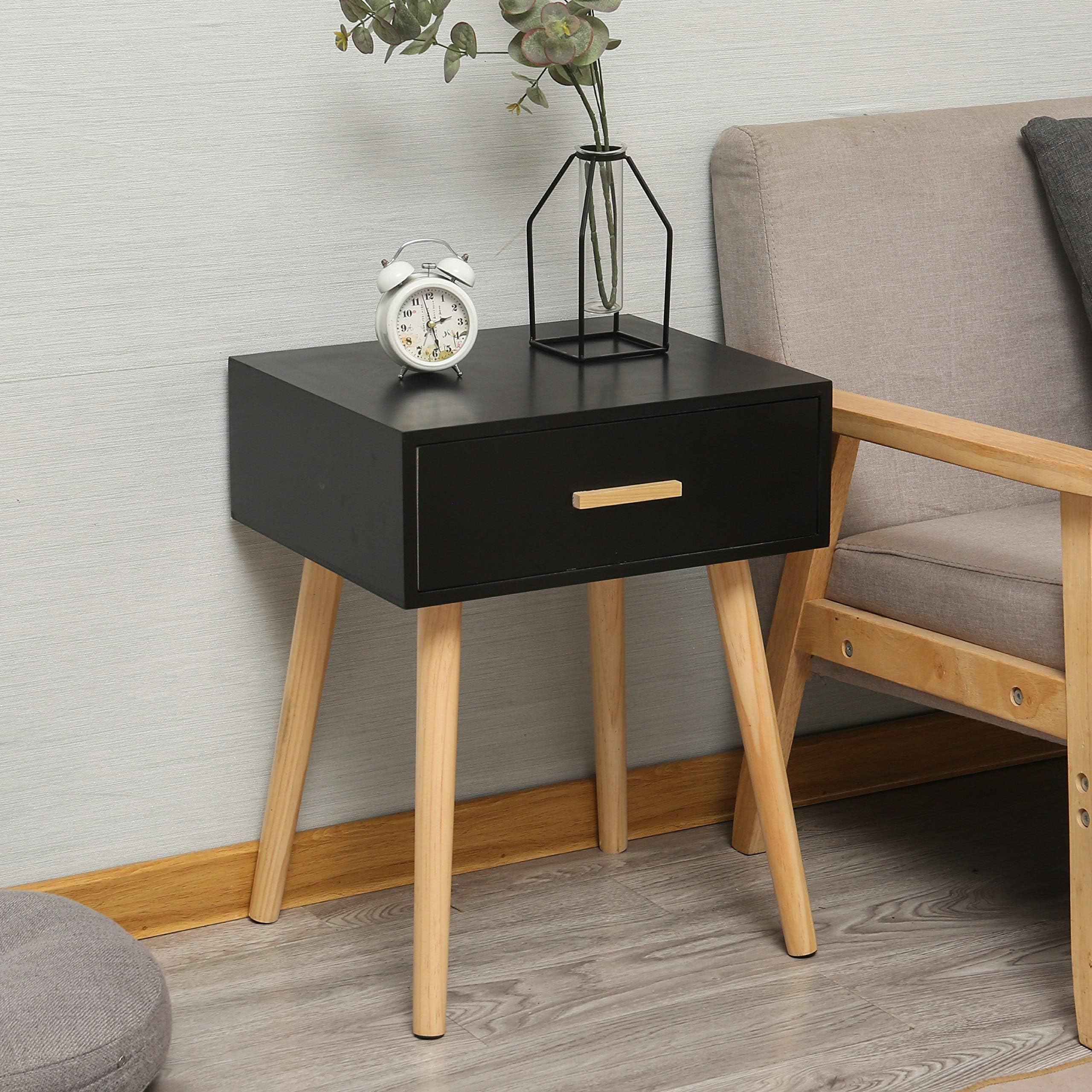 Retro Collection of Bespivet, Solid Wood Drawer Side Table, Nordic Bedroom Cabinet, Shabby Chic Retro Nightstand, Sofa Side Wood Thing in Black 42cm x 35cm x 53cm