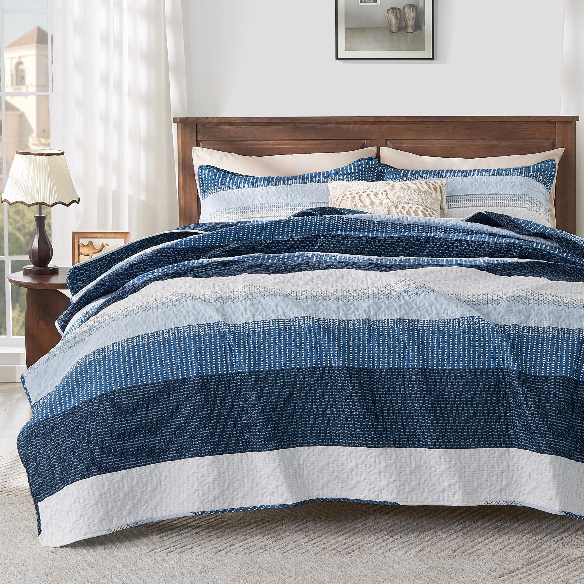 Andency Navy Blue Striped Quilt Set Cal King(104x112Inch), 3 Pieces (1 Quilt and 2 Pillowcases) Patchwork Bedspread Coverlet Set, Soft Lightweight Quilted Bedding Set