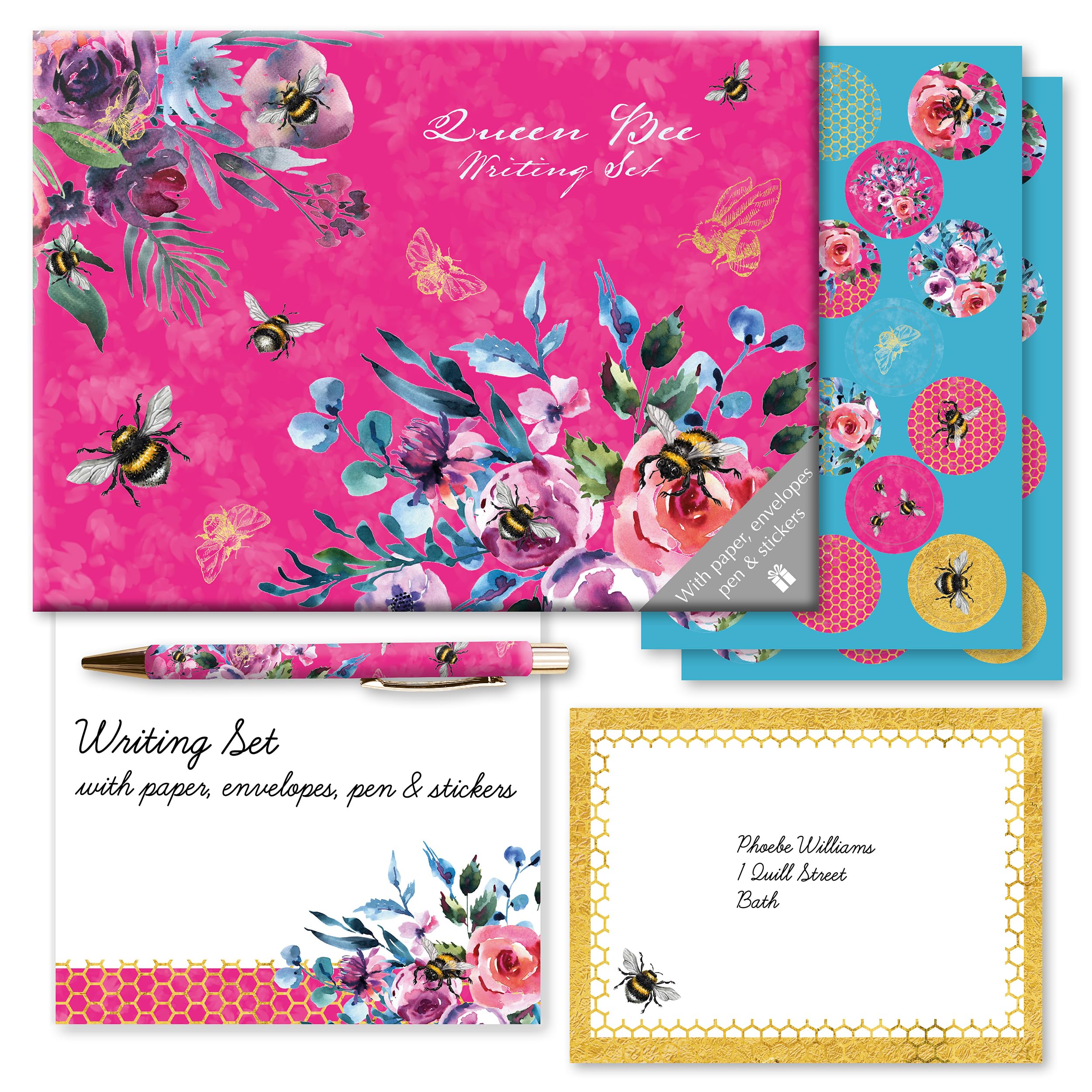 TGSC | Queen Bee Gifted Stationery Letter Writing Sets | Ballpoint Pen with 32 x A5 Letter Paper Sheets & 16 x envelopes | Writing Paper & envelopes | Letter Writing Set & 2 Sheets of Letter Seals