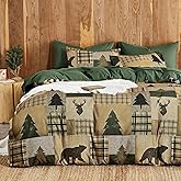 Wake In Cloud - Rustic Duvet Cover Set, Cabin Western Christmas Holiday Country Theme with Bear Deer Lodge Patchwork, Soft Lightweight Bedding, 3-Piece, Green Brown, Queen Size