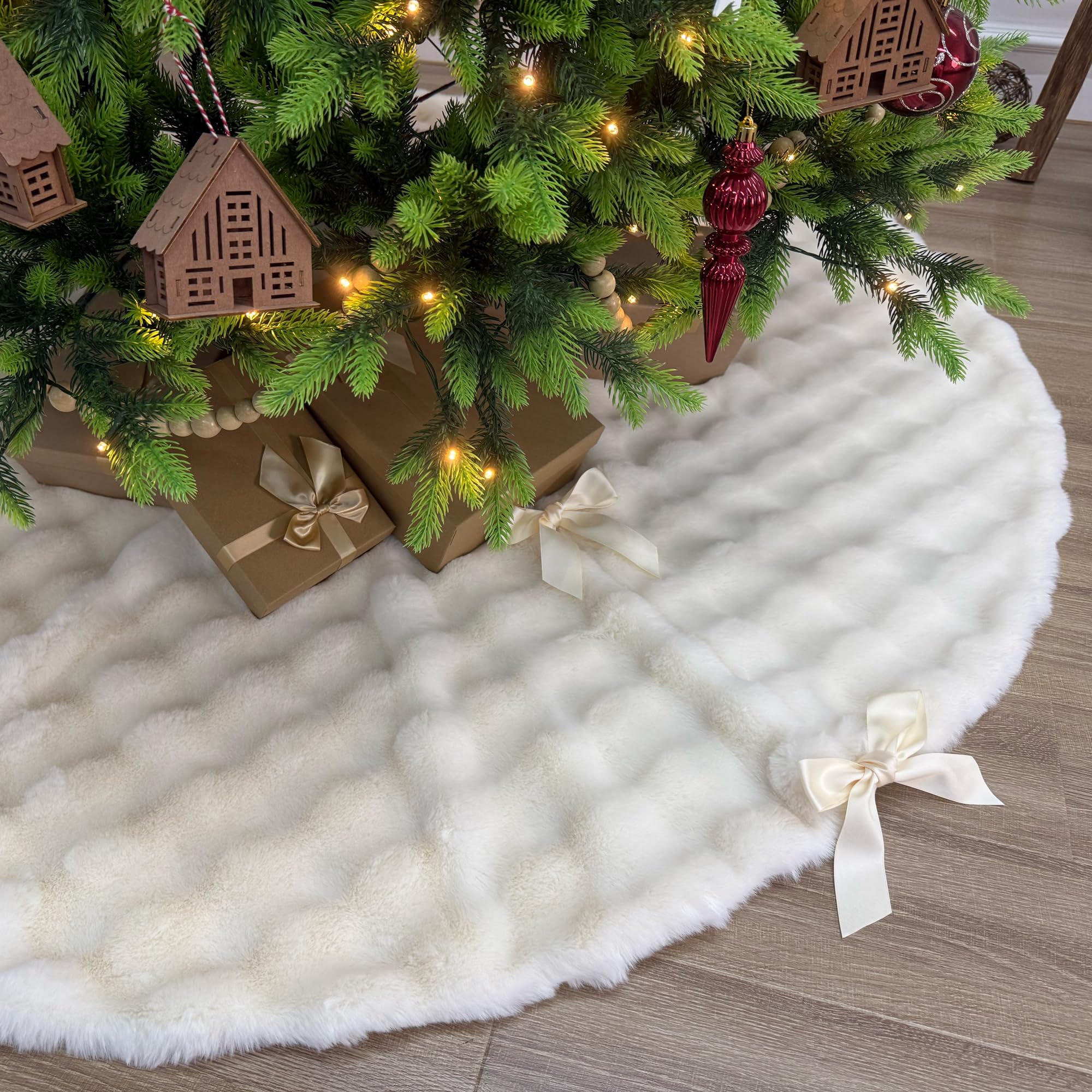 Photo 1 of 72-Inch  Quilt Faux Fur Christmas Tree Skirt, Soft Plush Tufted Texture with Satin Ribbon Ties, Baby Pink