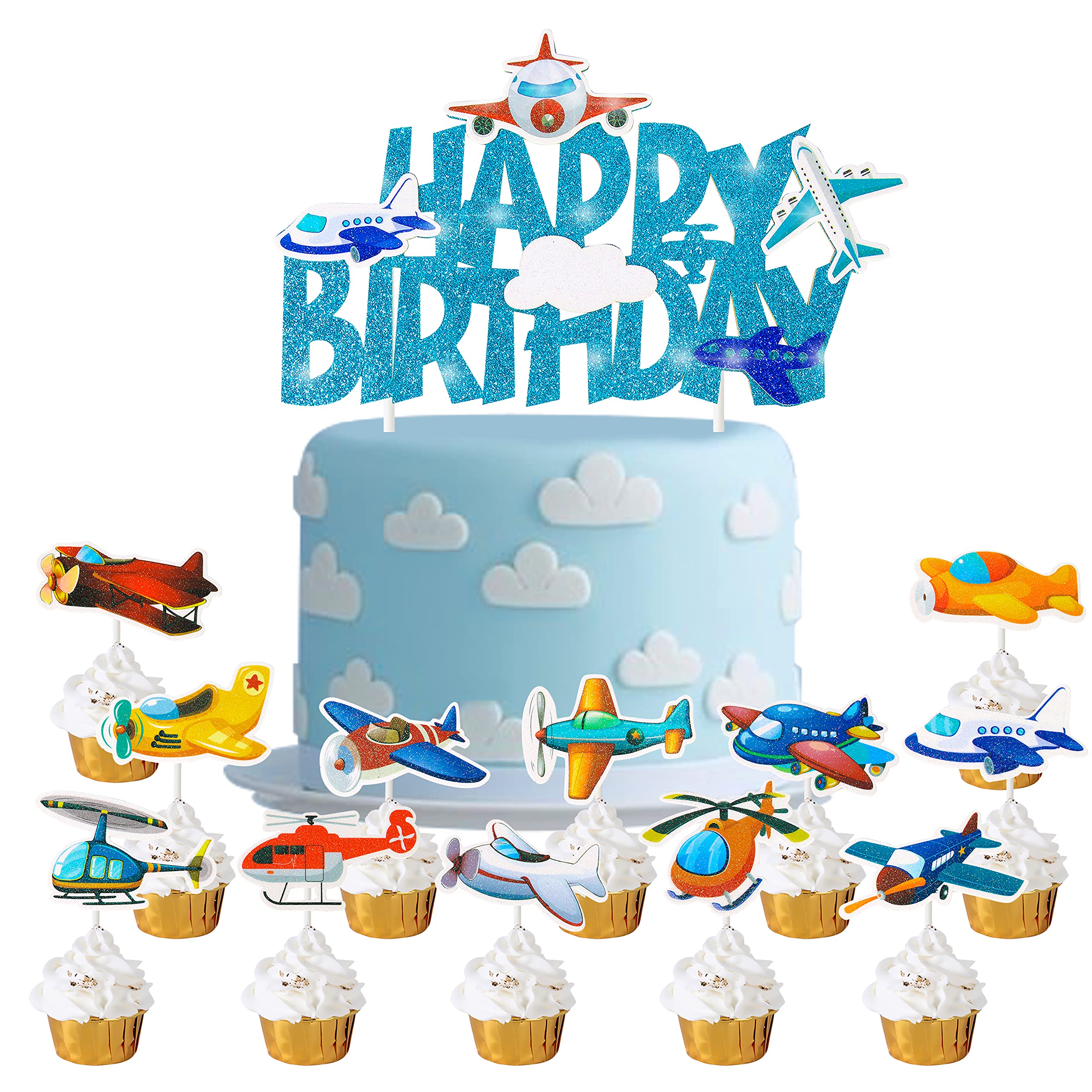 Plane Theme Birthday Cake Decoration 25Pcs Glitter Airplane Aircraft Cake Cupcake Toppers Supplies for Kids Aviator Aviation Theme Birthday Party Baby Shower