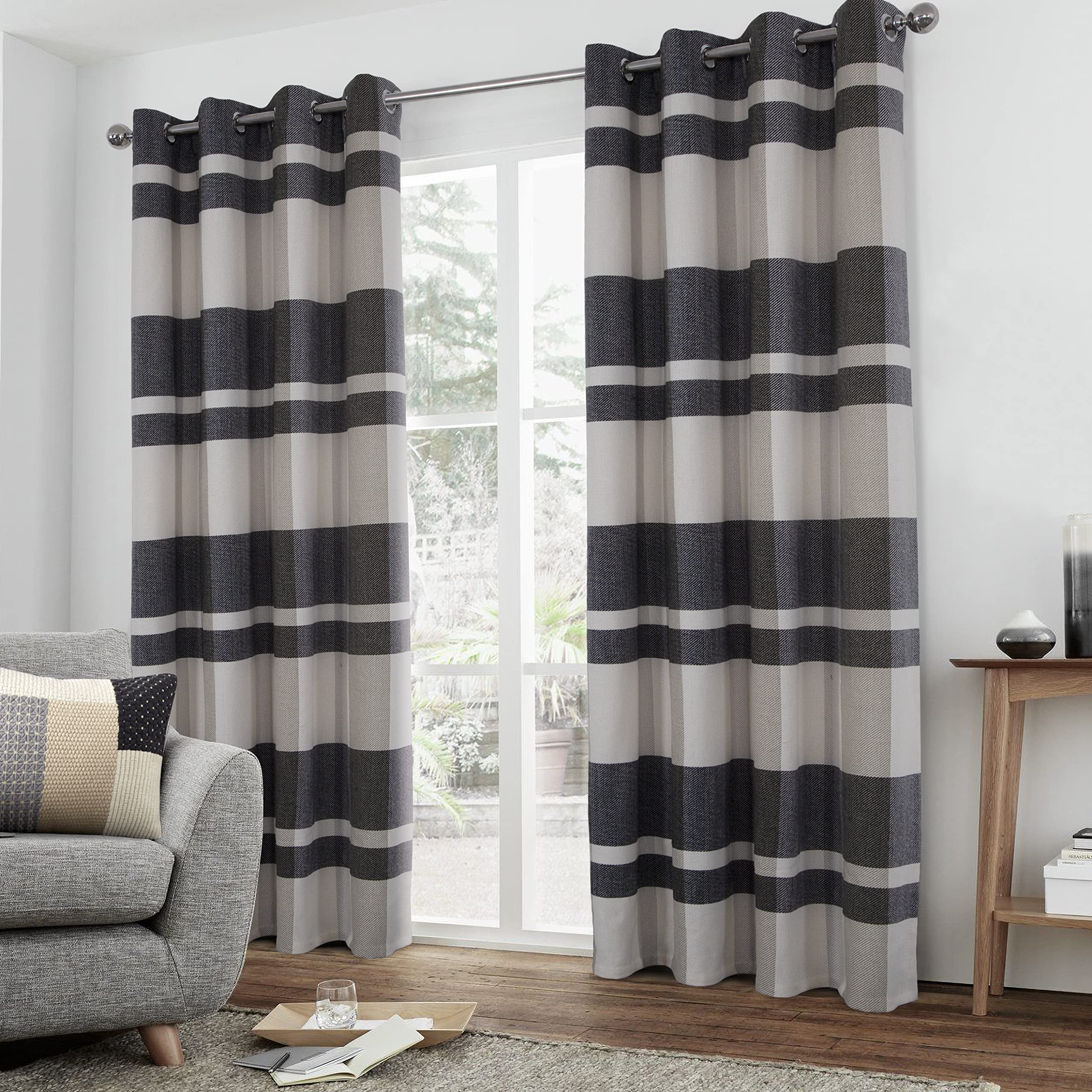 always4u 100% Blackout Curtains Check Eyelet Curtain Bedroom Plaid Woven Brushed Cheque Pair of Highland Woolen Look Window Treatment for Living Room Grey And Black 46 * 72 Inches