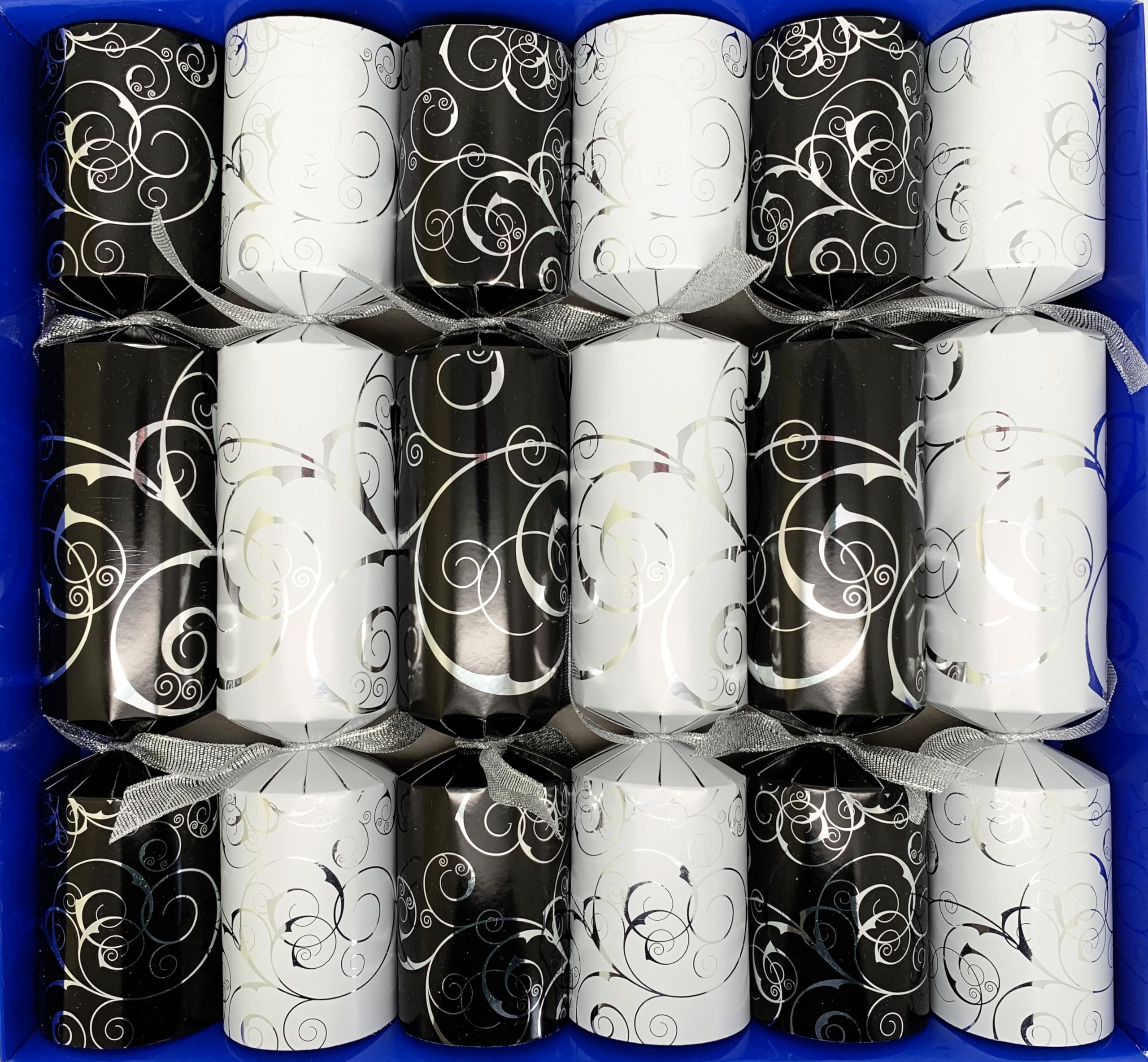 Crackers Ltd Fill Your Own Christmas Crackers - Box of 6 Elegant Crackers in Black and White with matching silver swirls