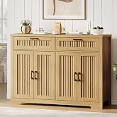 Fluted Buffet Sideboard Cabinet with Storages, Buffet Table with Drawers | Coffee Bar Console Table with 2 Drawers &amp; 4 Doors and Adjustable Shelves, Sideboard with Metal Handles, Natural Oak