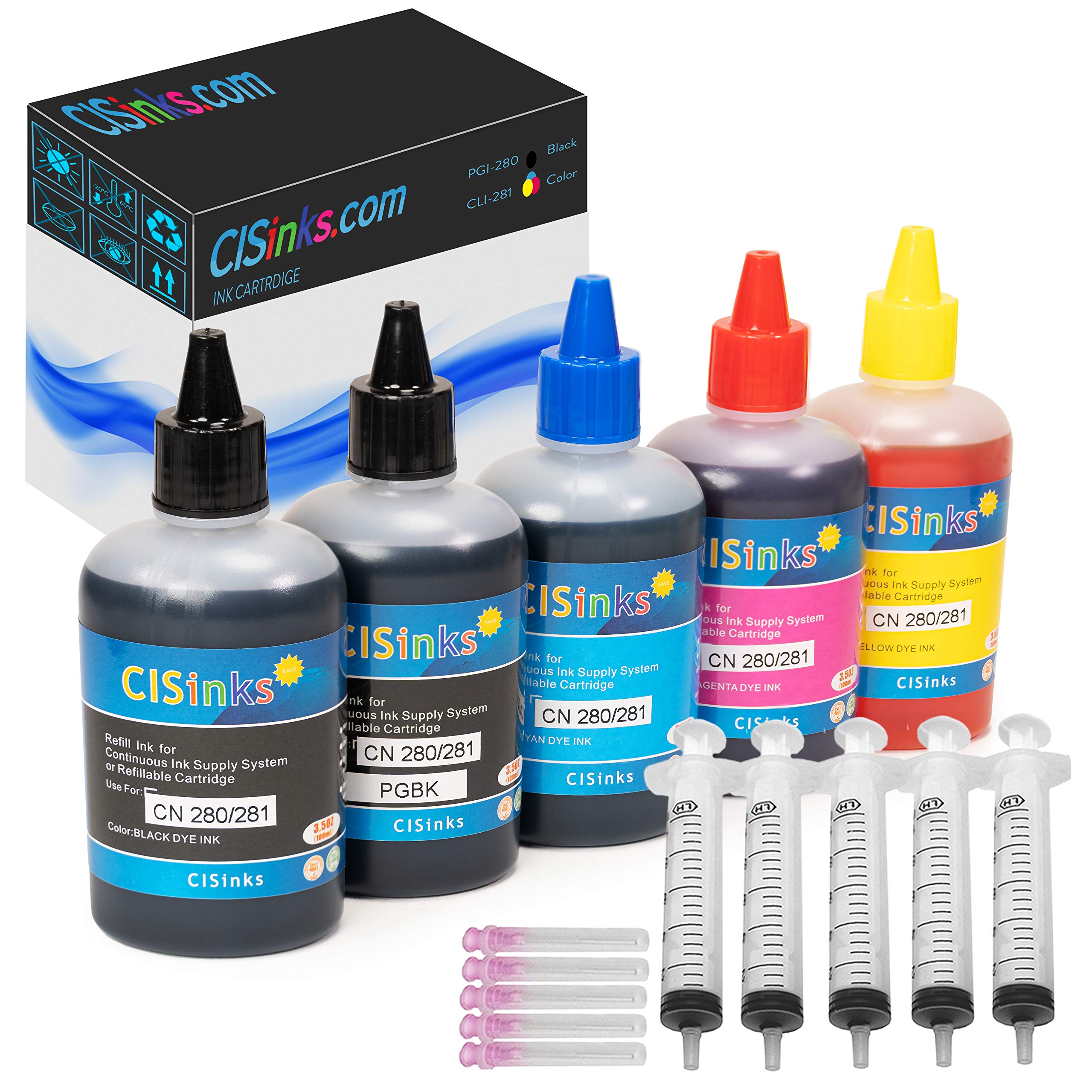 Refill Ink Bottle Set Compatible for Canon PGI-280 / CLI-281 Printers PIXMA TS9520 TR8520 TR7520 TS6120 + Refill Tool Kits Blunt Injectors