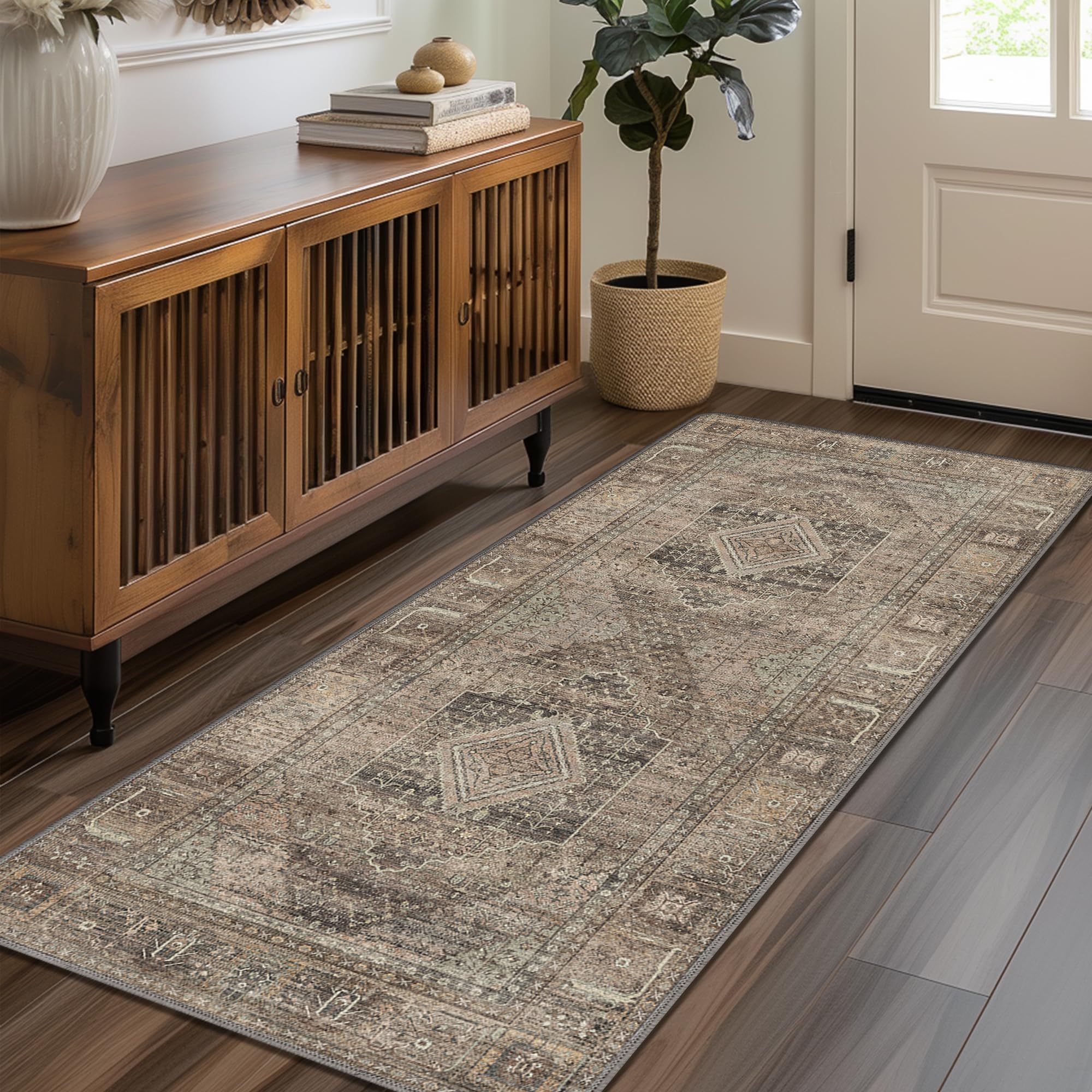 Photo 1 of GENIMO Runner Rug 2x7 Non Slip?Machine Washable Hallway Runners Low Pile Thin Rugs, Carpet Runner for Living Room Hall Entryway, Bedroom and Kitchen Runner, TAN