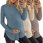 JoyMotion 3 Pack Women's Maternity Shirts, Ribbed Long Sleeve Pregnancy Sweaters Curved Hem Split Side Crew Neck Tunic Tops