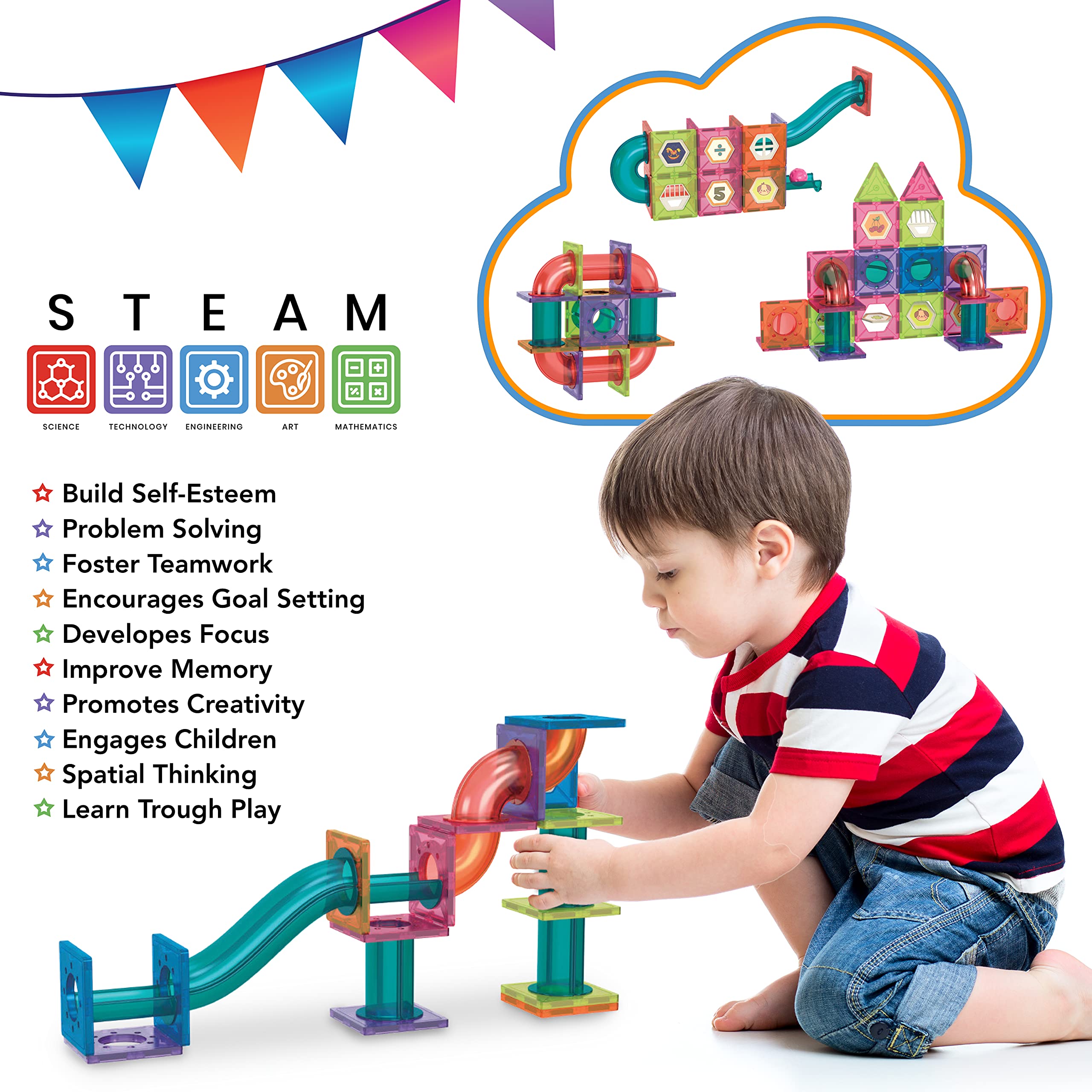 Marble Run for Kids Ages 3-8 Years Old - 3D Magnetic Building Tiles for Boys and Girls - Magnetic Marble Run Educational Toy Steam Learning Maze - Race Track Toy Construction Kit
