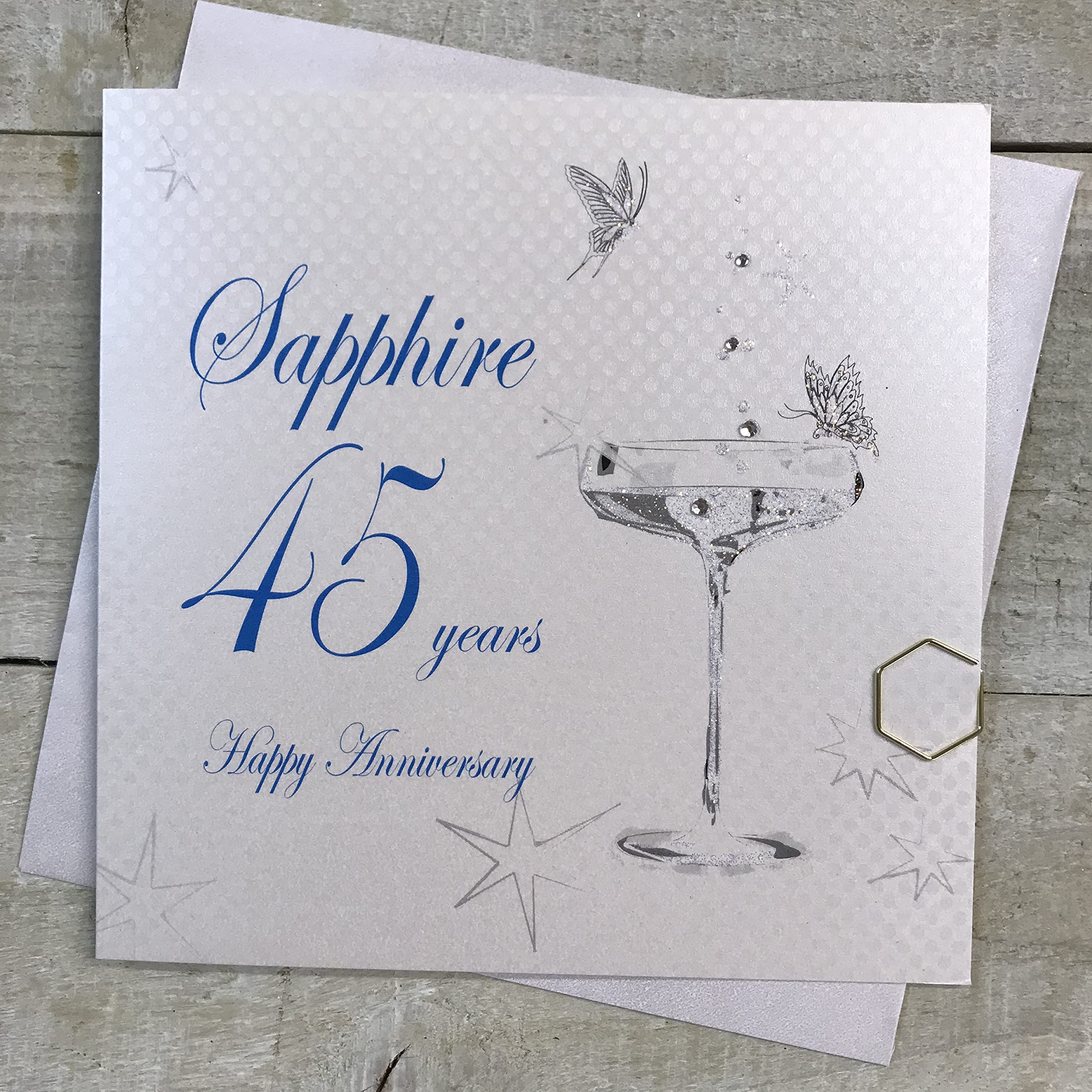 White Cotton Cards BD145C Coupe Glass "Happy Anniversary 'Sapphire' 45 Years" Handmade Anniversary Card, White