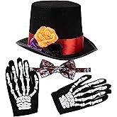 Spooktacular Creations 4 Pcs Halloween Day of the Dead Costume Accessories Set for Men Including 1 Pair of Skeleton Gloves, 1 Men’s Hat and 1 Bow Tie for Halloween Cosplay Party