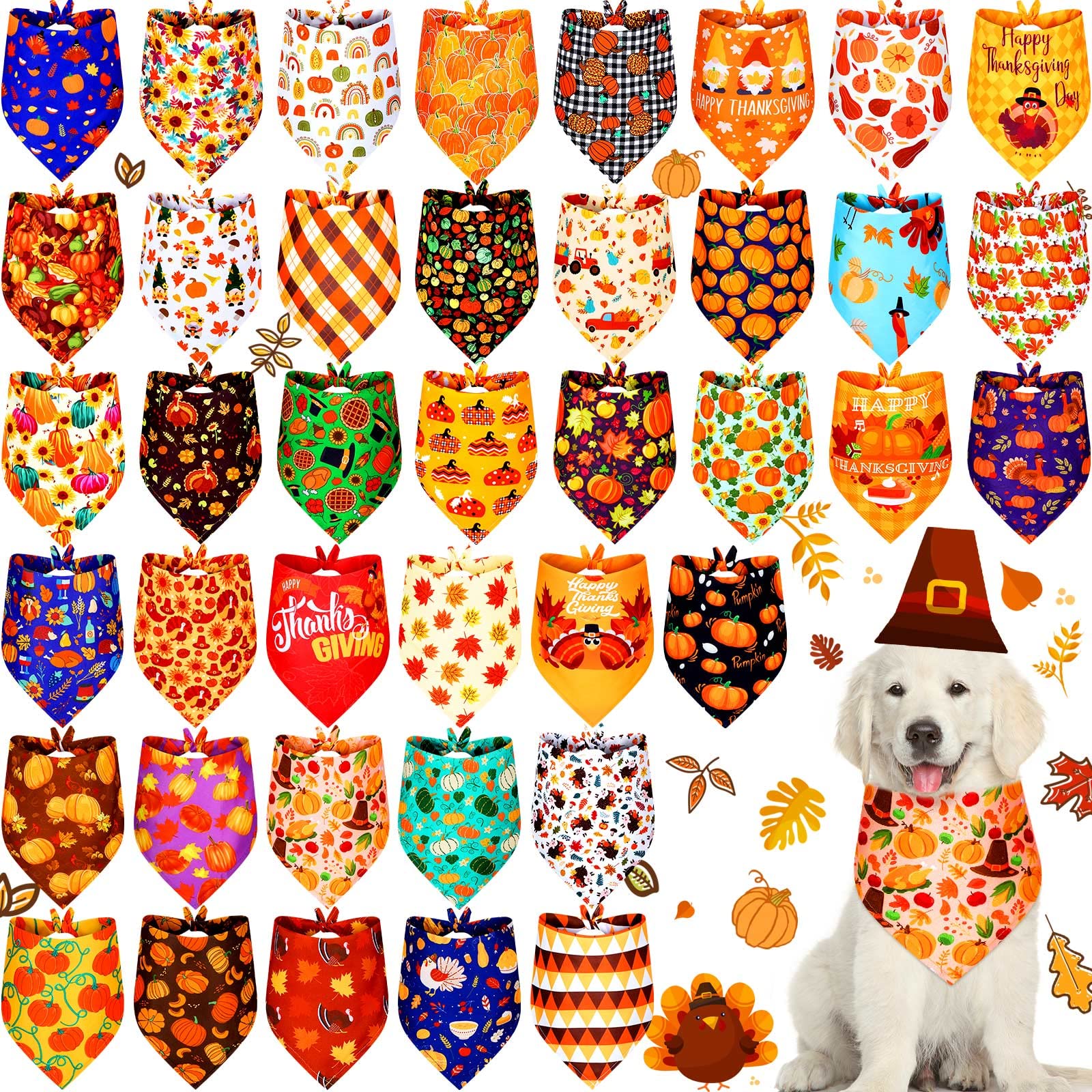 Photo 1 of Sadnyy 40 Pcs Fall Thanksgiving Dog Bandanas Bulk for Dogs Pumpkin Maple Leaves Triangle Bibs Reversible Dog Bandana Adjustable Pet Kerchief Scarf Washable Cat Scarf for Holiday Pets(L)