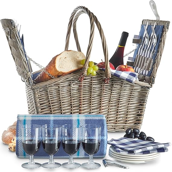 Cesta de Picnic Deluxe para 4 Personas con Asa Plegable VonShef de