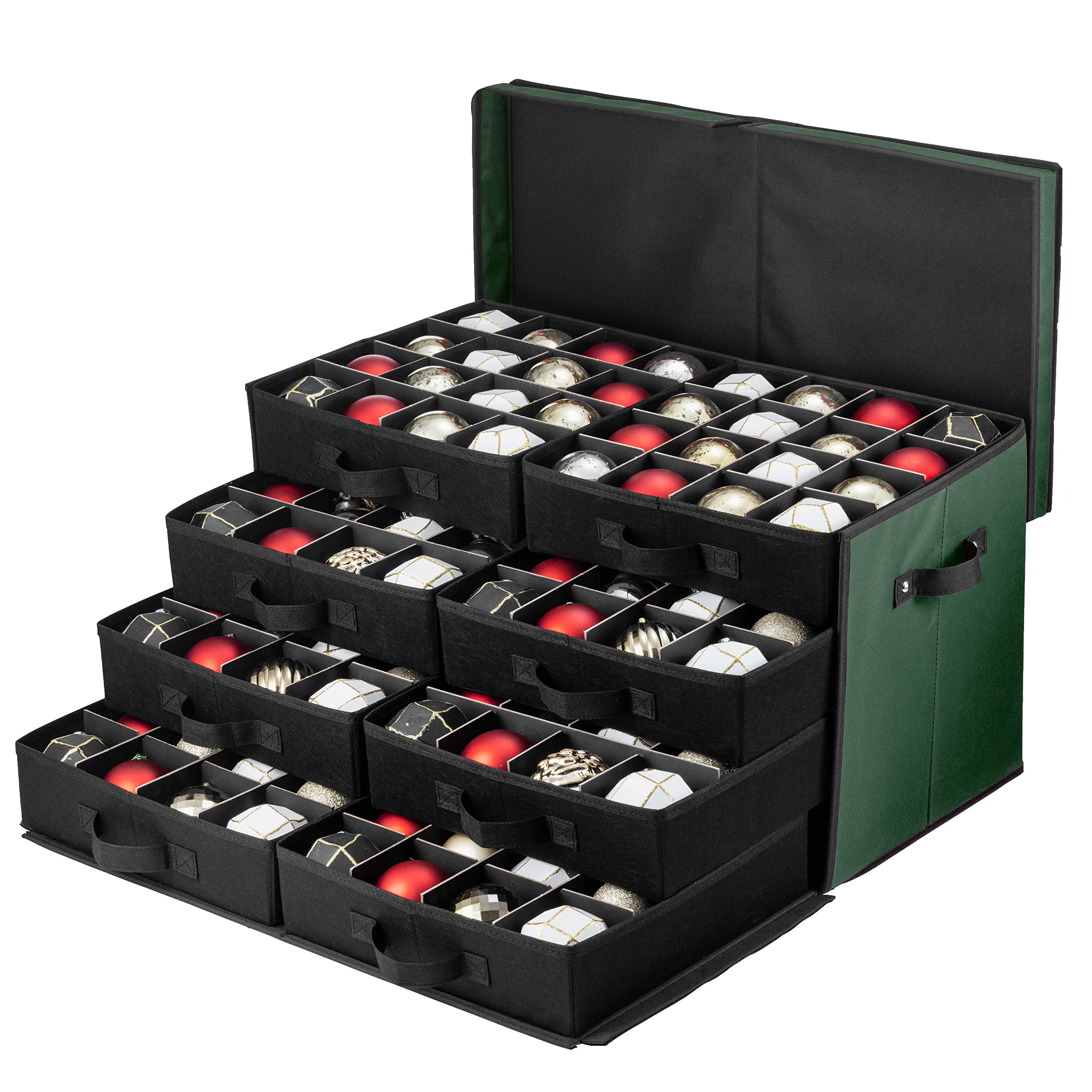 Photo 1 of *MISSING LID AND HALF OF DIVIDERS* ZOBER Christmas Ornament Storage Box - Stores 128 3" Ornaments with Drawer Style Trays - Tear Proof 600D Oxford Fabric - Ornament Organizer Storage Box, Durable Christmas Containers Holder - Green