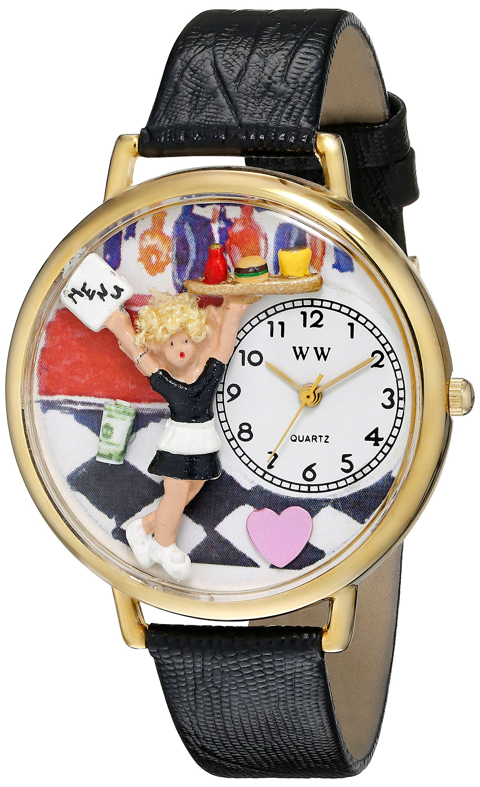 Whimsical Watches Waitress Black Skin Leather and Goldtone Unisex Quartz Watch with White Dial Analogue Display and Multicolour Leather Strap G-0630004