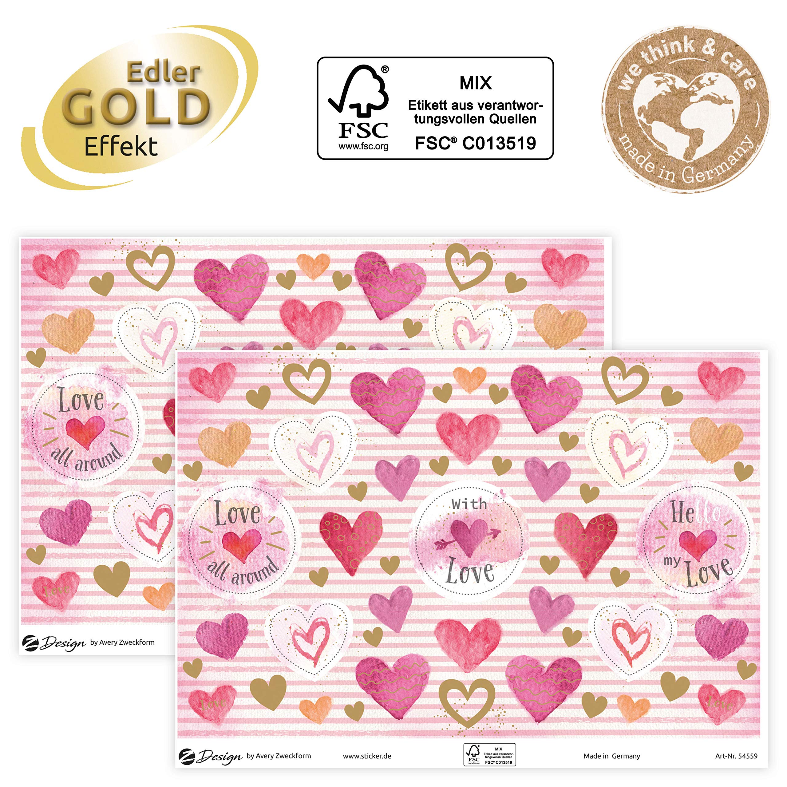 Avery Zweckform 54559 Decorative Stickers 112 Hearts Love Stickers (Labels on A5 Sheet, Self-Adhesive Labels for Birthdays, Weddings, Celebrations, Gifts and Cards with Gold Effect)