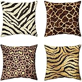 Mitpok Animal Print Pillow Covers Set of 4 Jungle Animal Throw Pillows Tan Faux Fur Wildlife Room Decor Man Masculine Pillow Cushion Case 18Wx18L Inches Decorative Pillowcases for Bed Sofa Home Decor