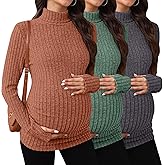 Sweetyweee 3 Pack Maternity T-Shirts Pregnancy Tops Women Sweater Long Sleeve Turtleneck Ribbed Finger Sleeve Outfits
