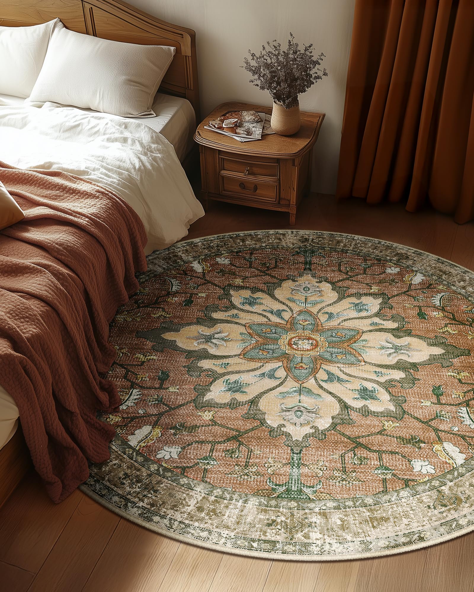 Photo 1 of RELEANY Area Rugs 5ft Washable Non-Slip, Floral Vintage Distress Print Pattern Medallion Carpet for Living Room Bedroom Dining Room, Brick Red Rust Neutral Brown Burnt Orange Green
