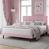IOILORI Queen Size Platform Bed Frame with Upholstered Headboard, Sturdy Wooden Slats, Noiseless No Box Spring Required, Easy to Assemble,Pink