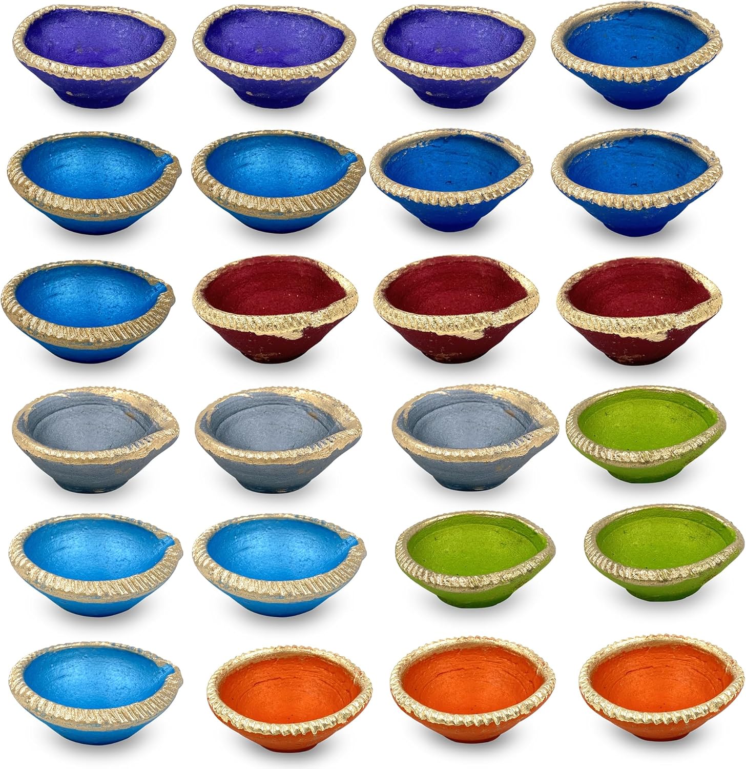 Oil Lamps & Accessories - KSJONE Clay 24 Diyas Diya Deepak Earthen Assorted Colorful Set - Diwali Decoration Puja - Handpainted Diya for Home Indoor Outdoor Diwali Design Handmade Mix Color with Cotton Wicks