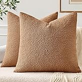 EMEMA Pack of 2, 18 x 18 Inch, Textured Boucle Throw Pillow Covers Cozy Soft Accent Solid Cushion Cases Decorative Brown Pillowcases for Couch Sofa Chair Bedroom Living Room Home Decor