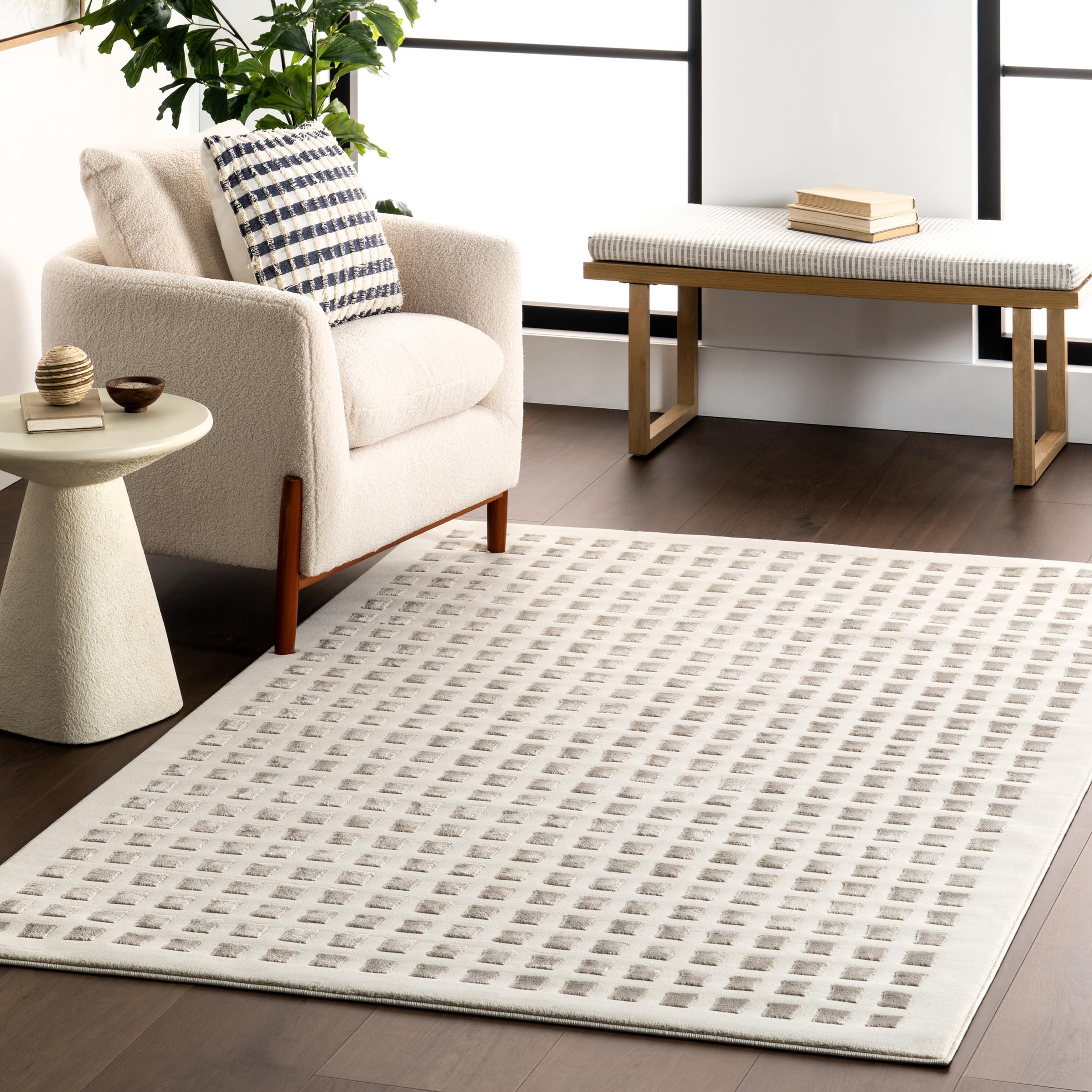 nuLOOM 5′ x 8′ SuperiorWash Indoor Area Rug, 100% Recycled PET, Machine Washable, Oeko-TEX Certified, Medium Pile, Pet-Friendly, Daleyza Checkered Cream