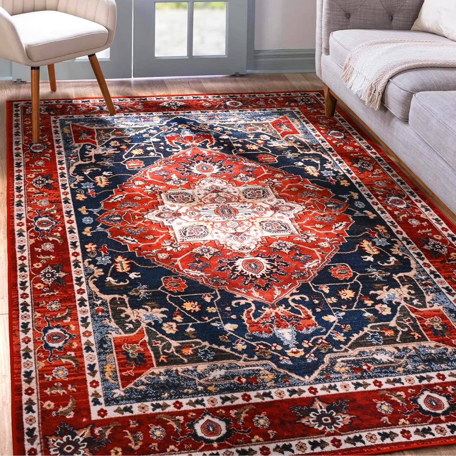 Photo 1 of YJ.GWL Area Rug for Living Room, 4x6 Machine Washable Boho Rug for Bedroom, Low Pile Lightweight Thin Rugs Floral Vintage Distress Print Pattern Carpet for Dining Room, Red
